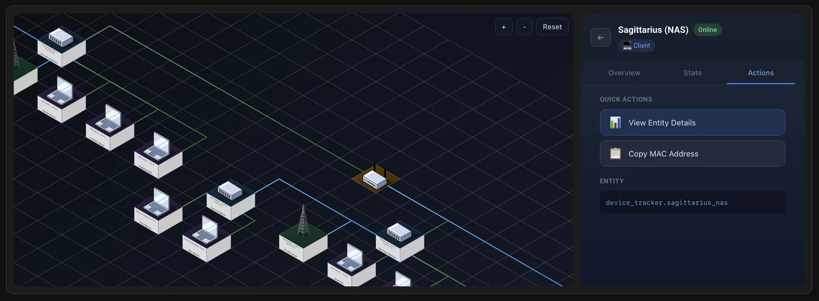 The UniFi Network Map card in Home Assistant: an isometric map of switches, access points and clients on a dark grid, with a device selected and its detail panel open on the right.